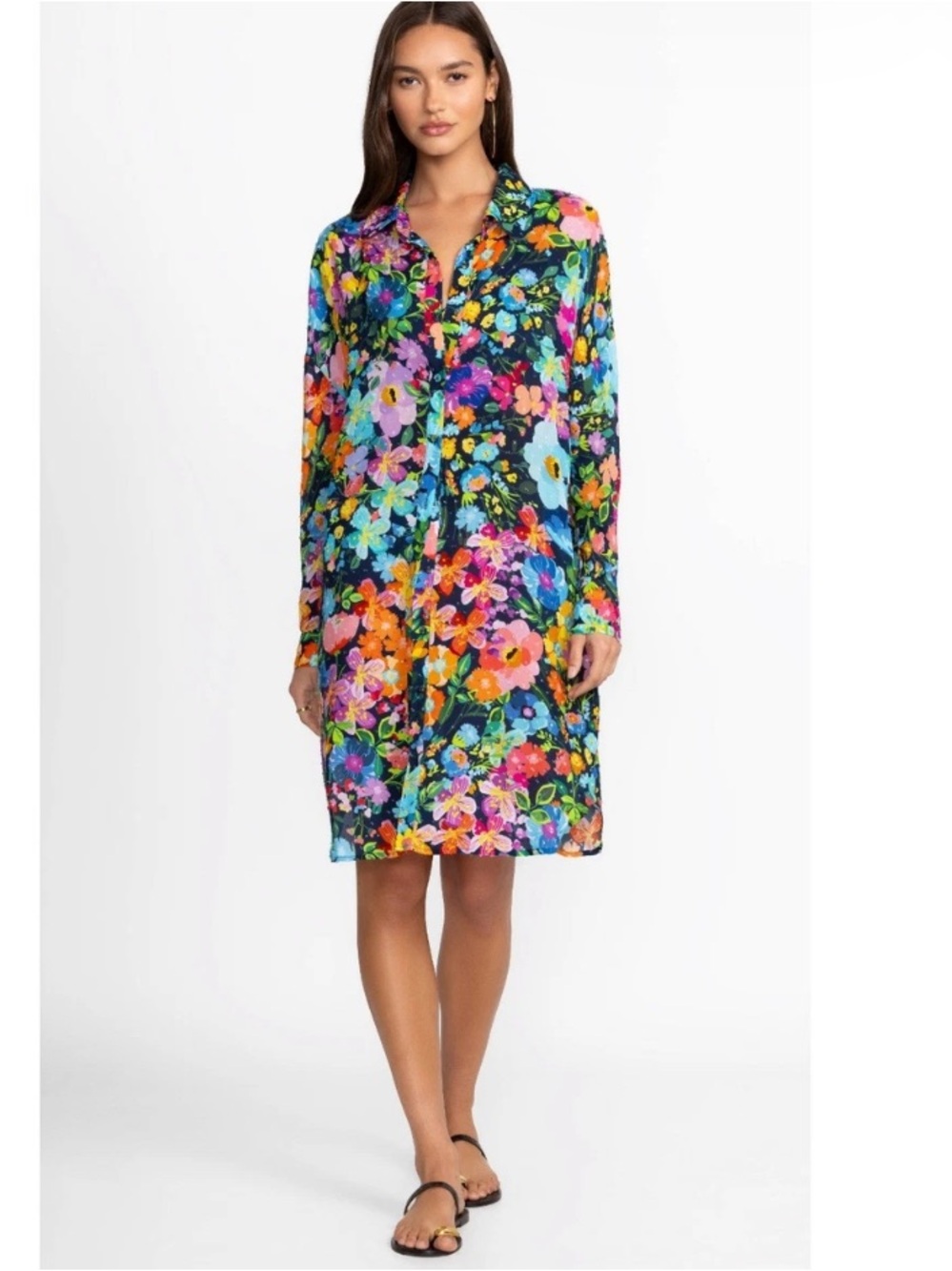 Johnny Was Small Wild Bloom Long Shirt Dress Floral Rayon Navy CSW0524-D EUC